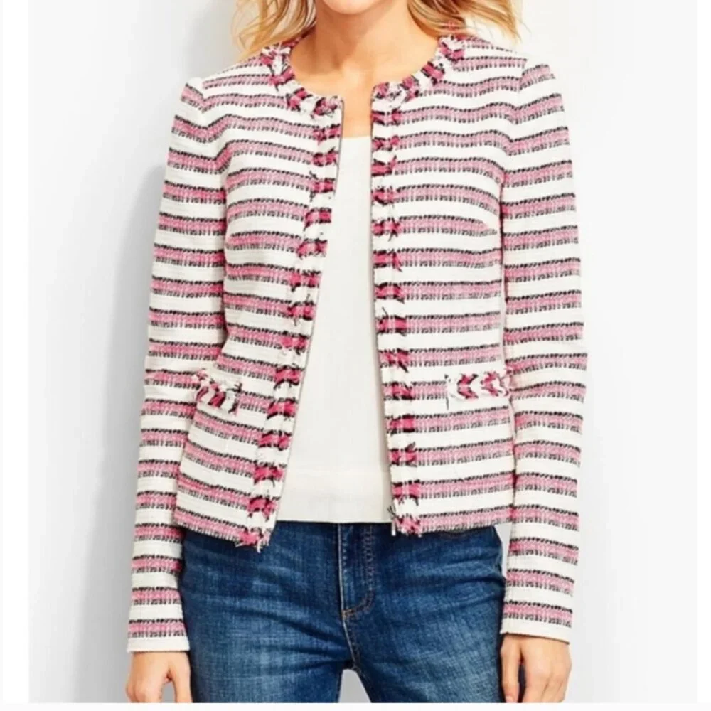 Talbots Pink White Striped Tweed Zip Up Jacket Size 24W